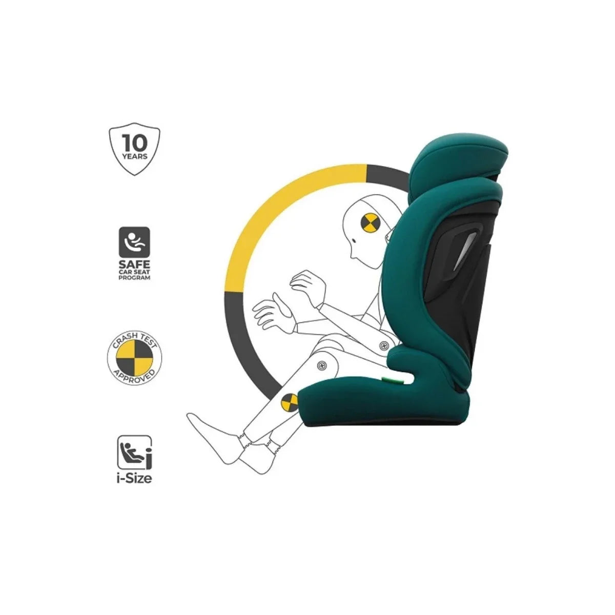 Green i-Size car seat with side-impact shell and shoulder strap routing.