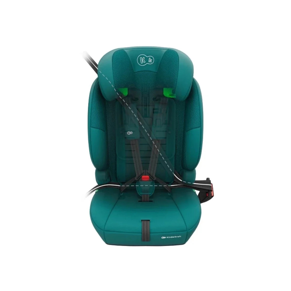Green car seat with top harness straps visible and padded seat cushion.