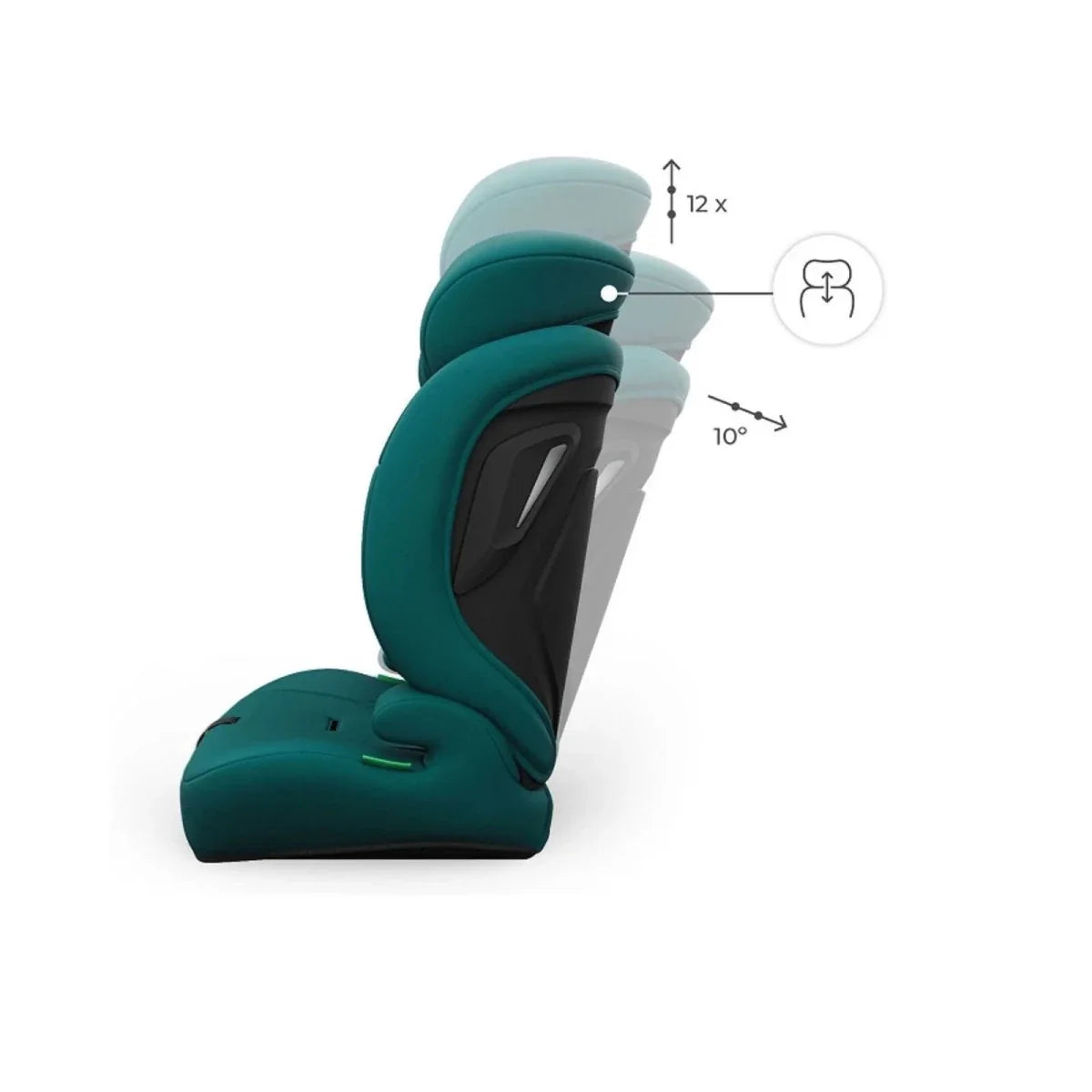 Green car seat side view with adjustable headrest and reclining support.