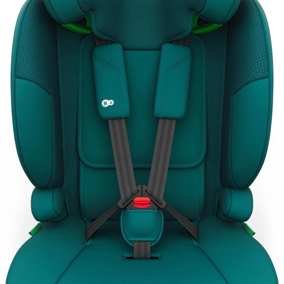 Green car seat close-up of front harness straps with red release button.