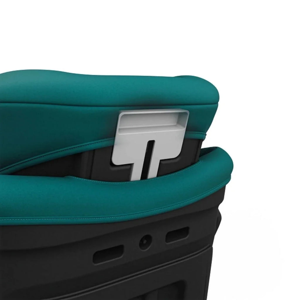 Green car seat detail of side adjustment panel with white height marker.