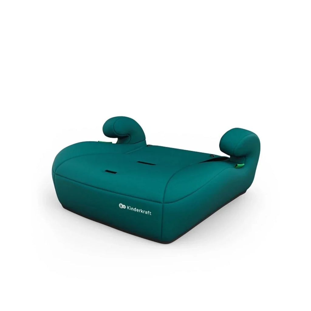 Green booster-style car seat base with armrest supports and padded cover.