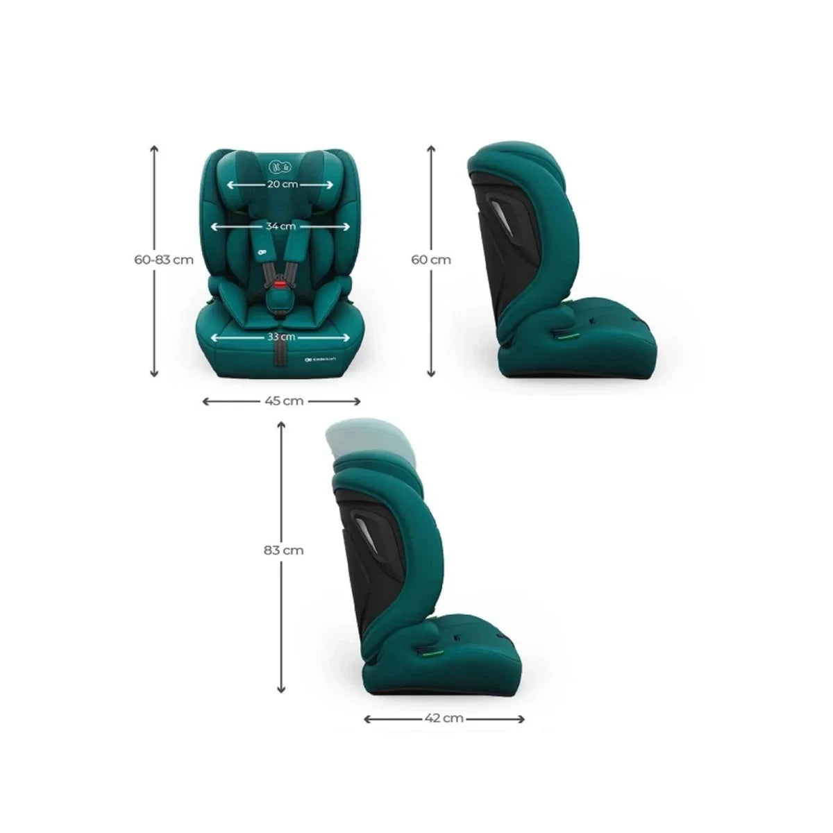 Green car seat with padded headrest and side bolsters, front view