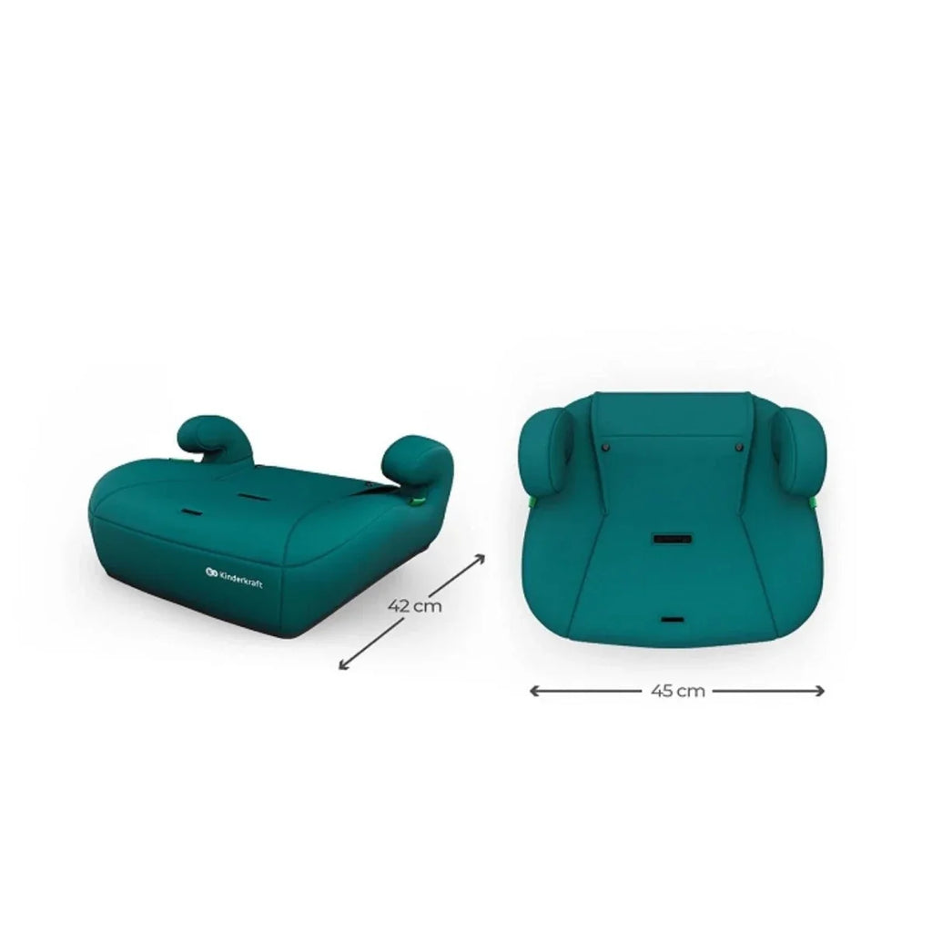 Green car seat base with rear shell and two shoulder supports, side view