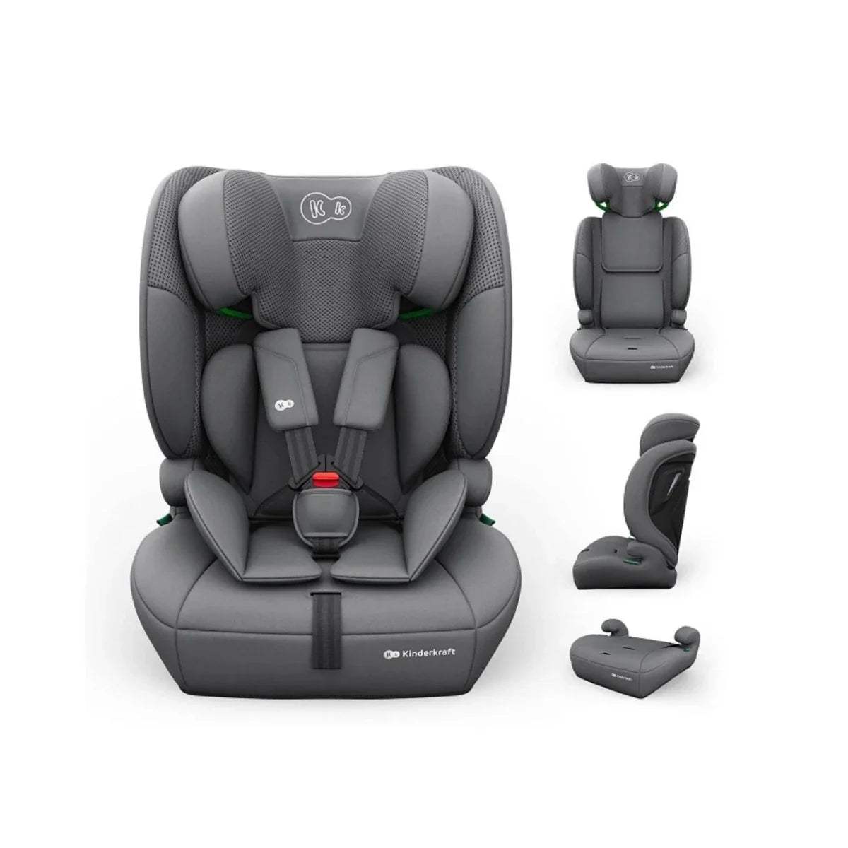 Grey car seat with adjustable headrest and harness, shown with extra base pieces