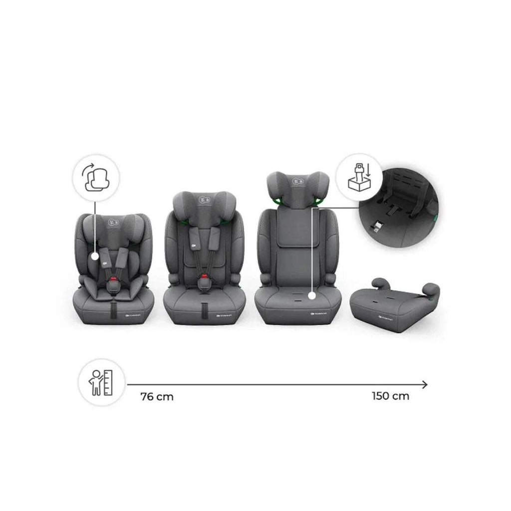 Grey i-Size car seat shown in multiple modes with measured length guide