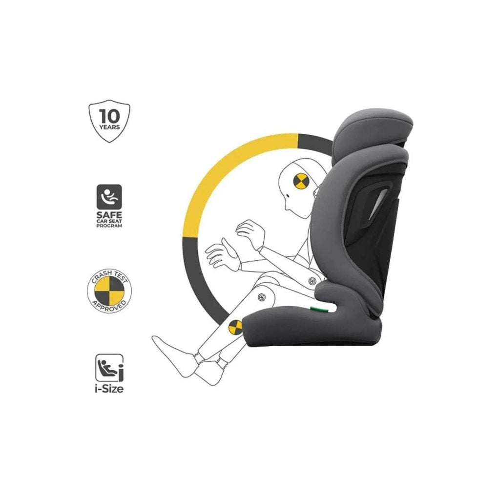 Grey i-Size car seat with safety icons and side impact support