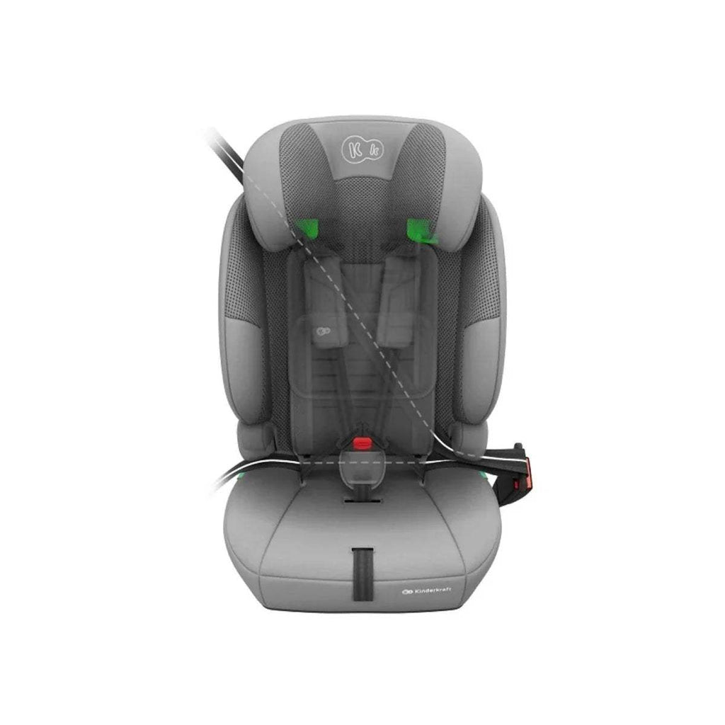 Grey i-Size car seat with harness straps and rear belt routing points
