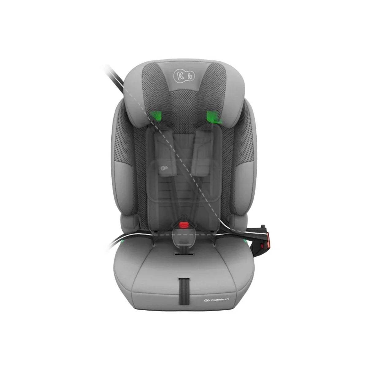 Grey i-Size car seat with harness straps and rear belt routing points