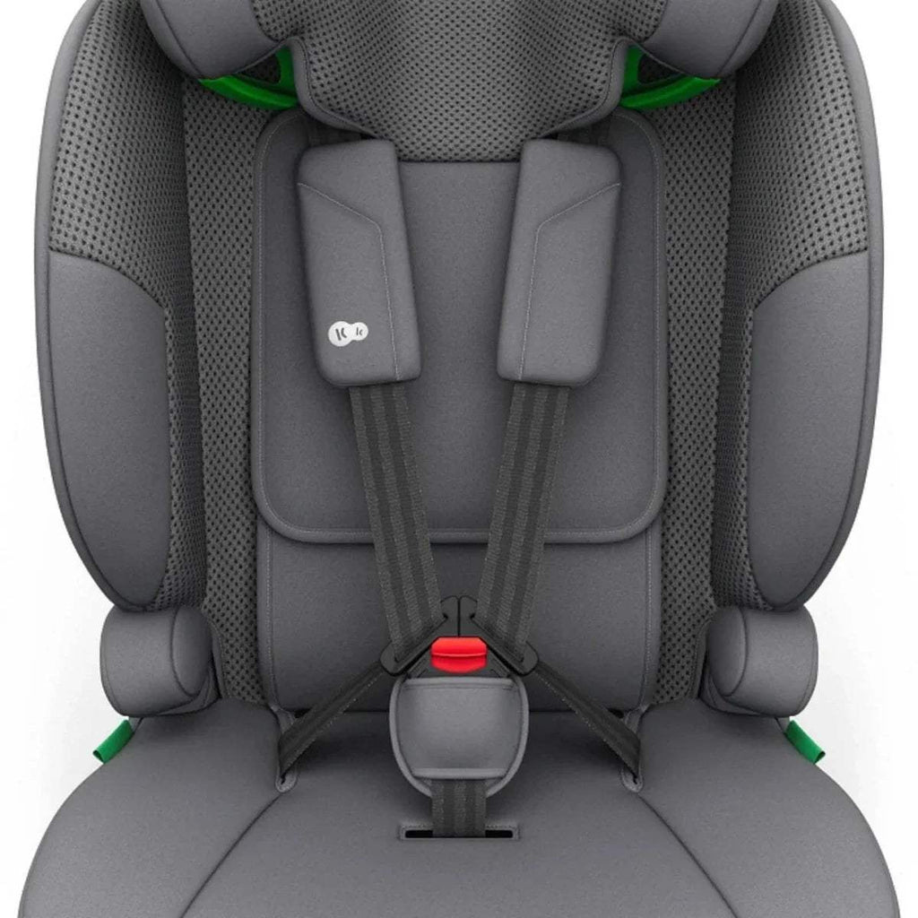 Grey car seat interior with 5-point harness and two removable comfort pads