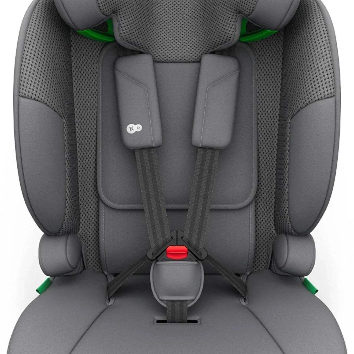Grey car seat interior with 5-point harness and two removable comfort pads