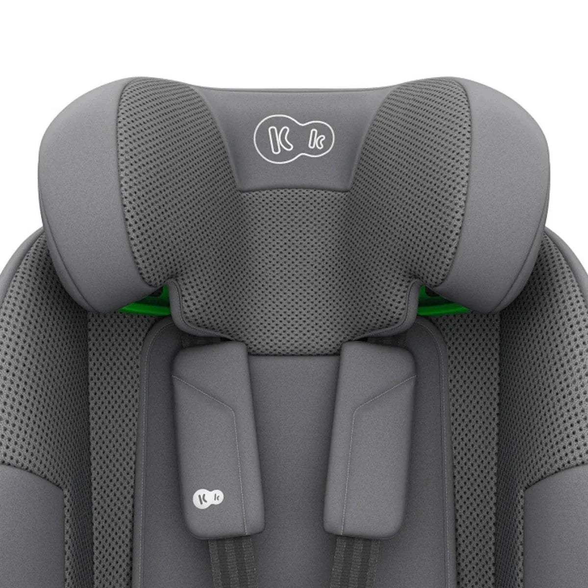Grey car seat headrest with textured panels and padded shoulder rests