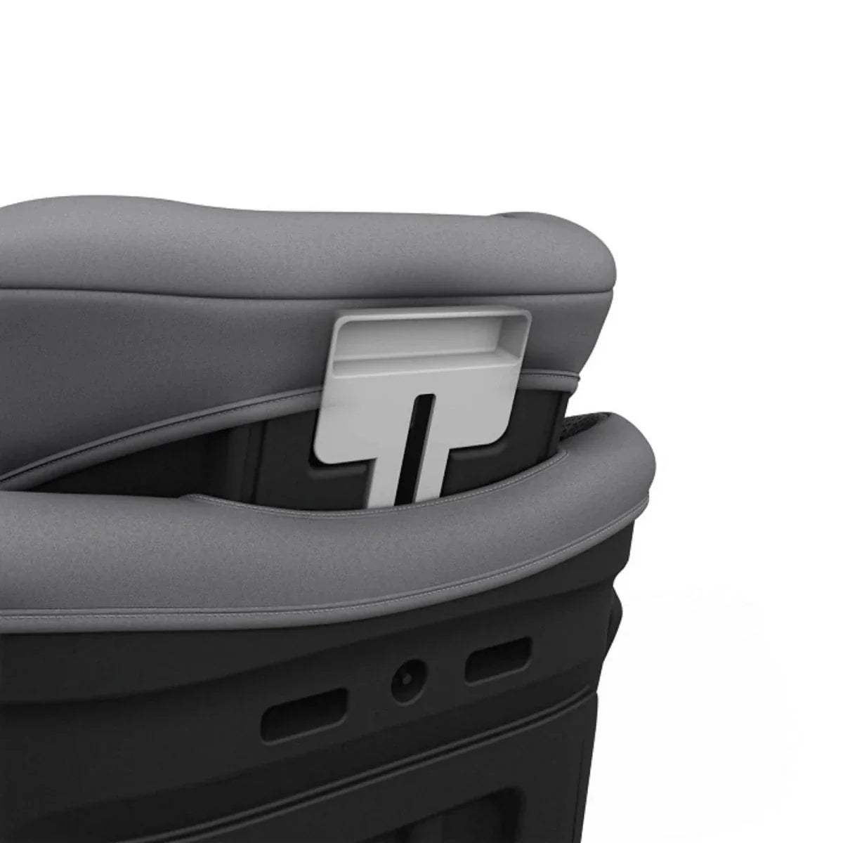 Grey car seat side panel with numbered adjustment indicator and storage slot