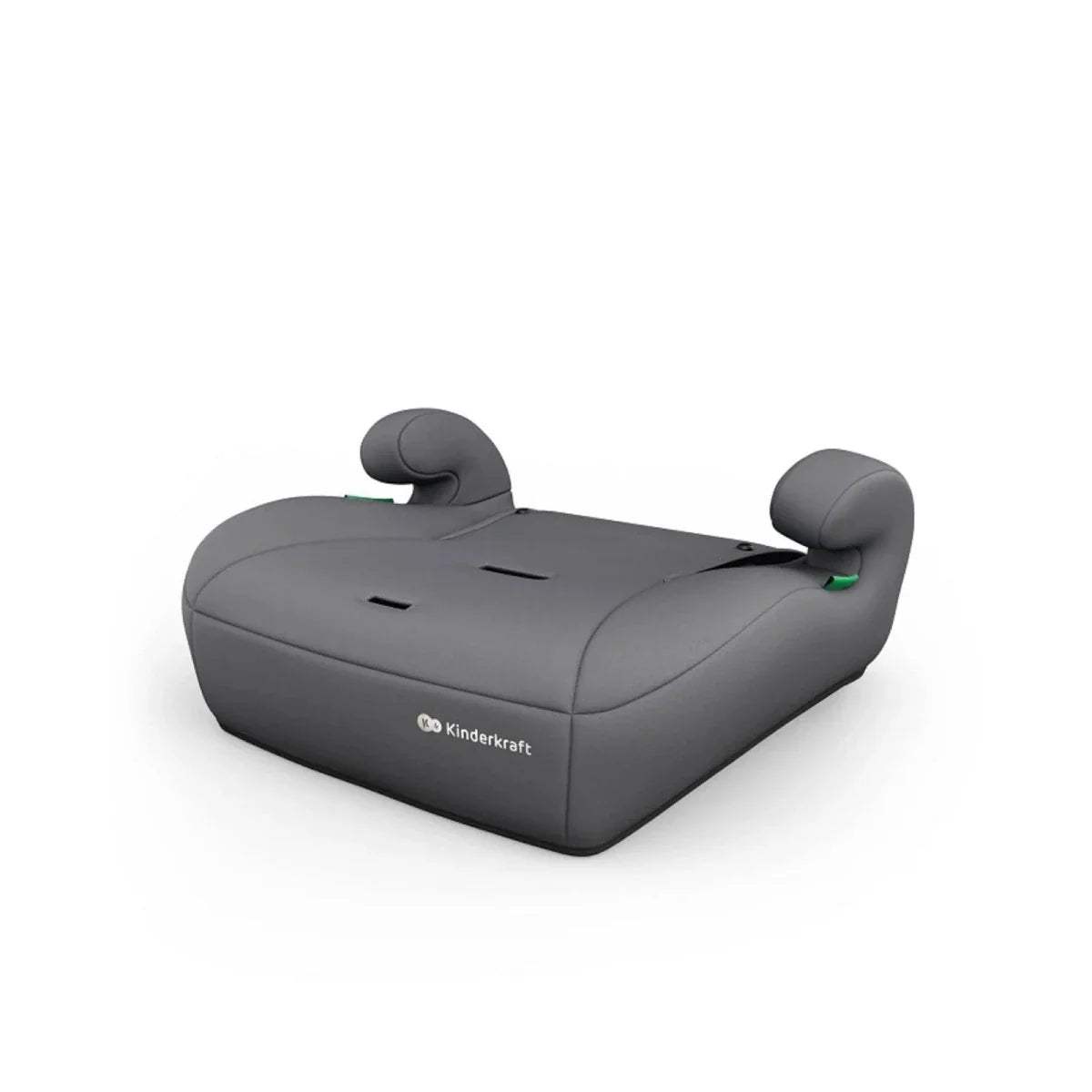 Grey booster seat base with padded armrests and head support
