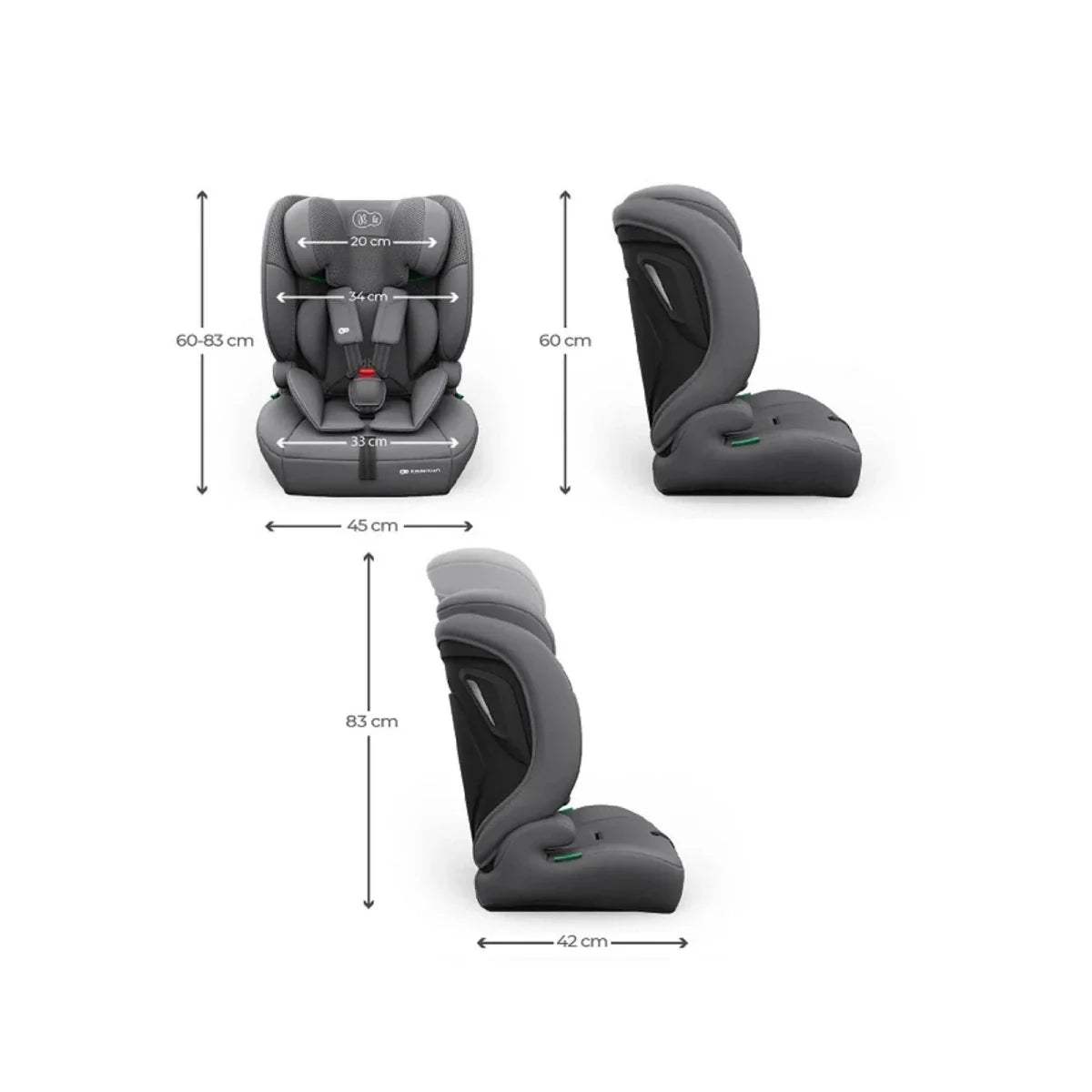 Grey Group 1/2/3 car seat with headrest and integrated harness