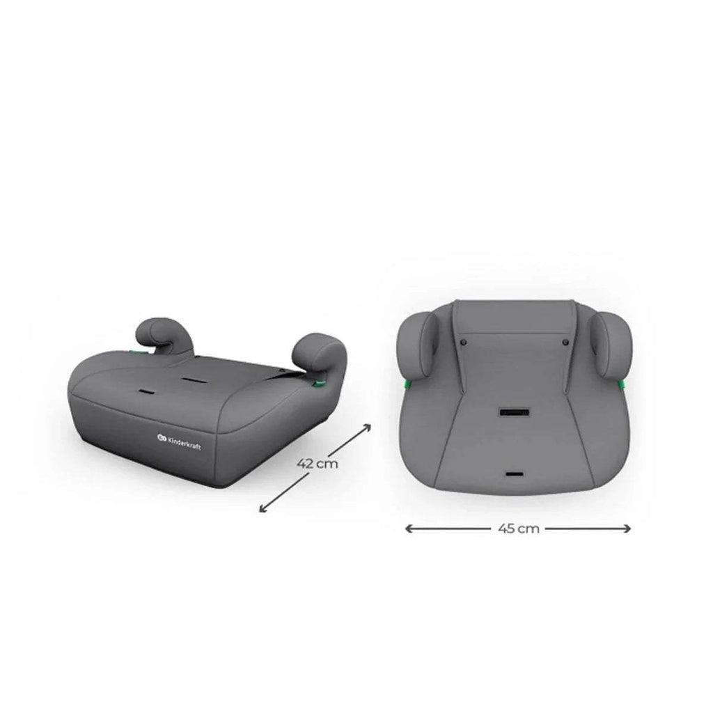Grey car seat with padded headrest and adjustable recline base