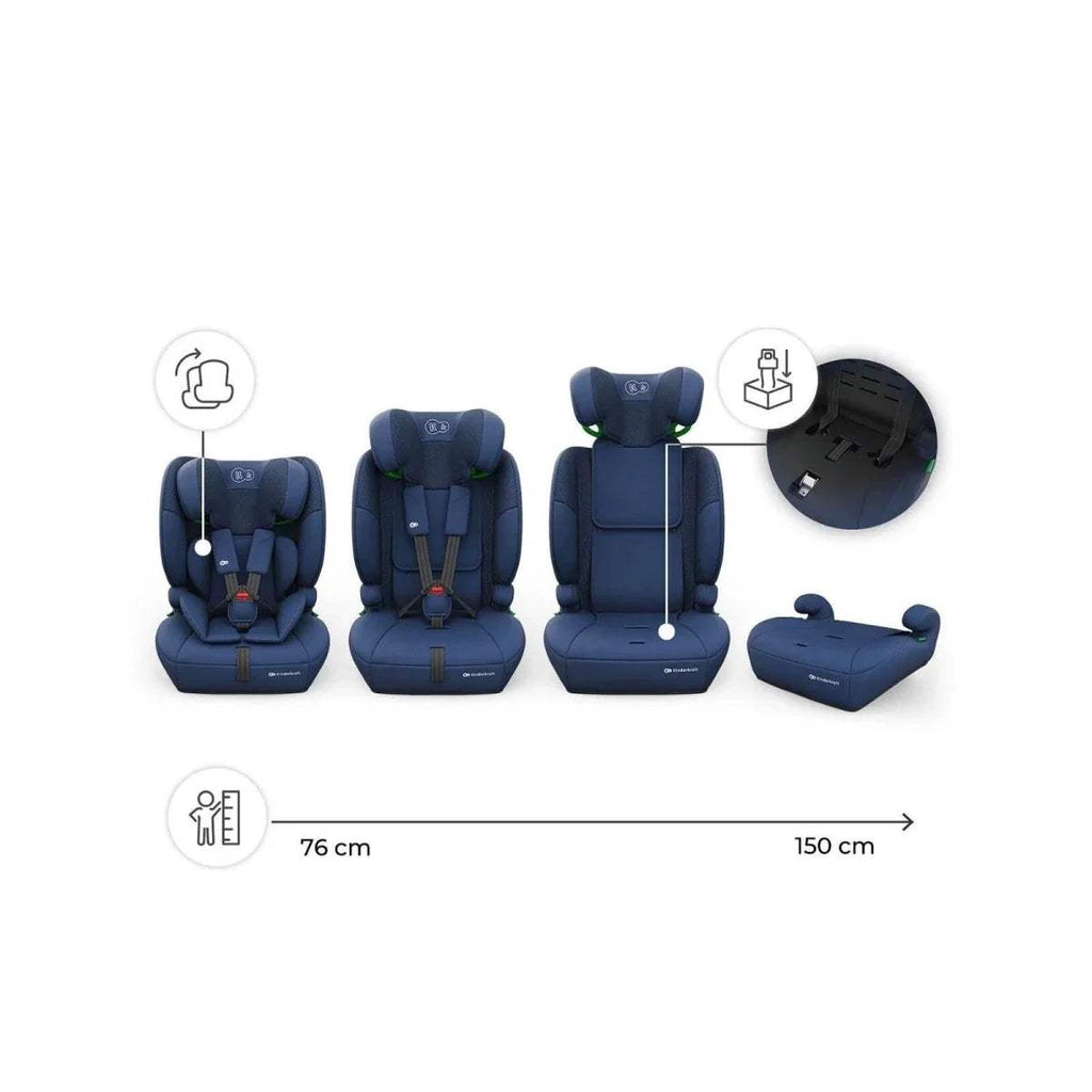 Navy car seat with multiple positions shown and measurement arrows