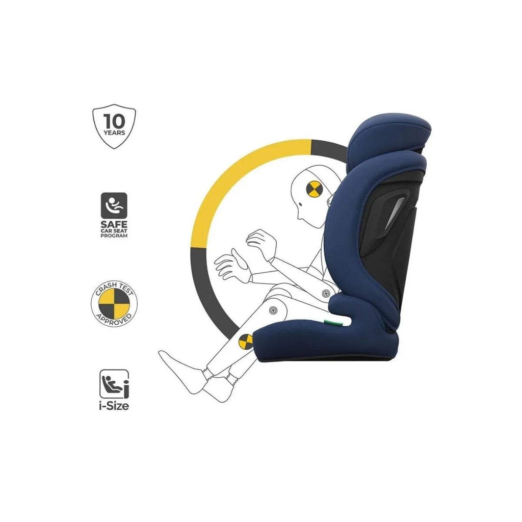 Navy i-Size car seat with safety and ISOFIX style label graphics