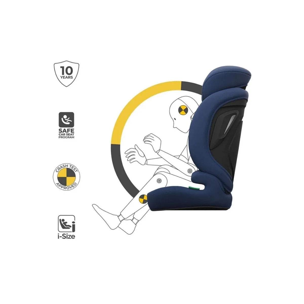 Navy i-Size car seat with safety and ISOFIX style label graphics