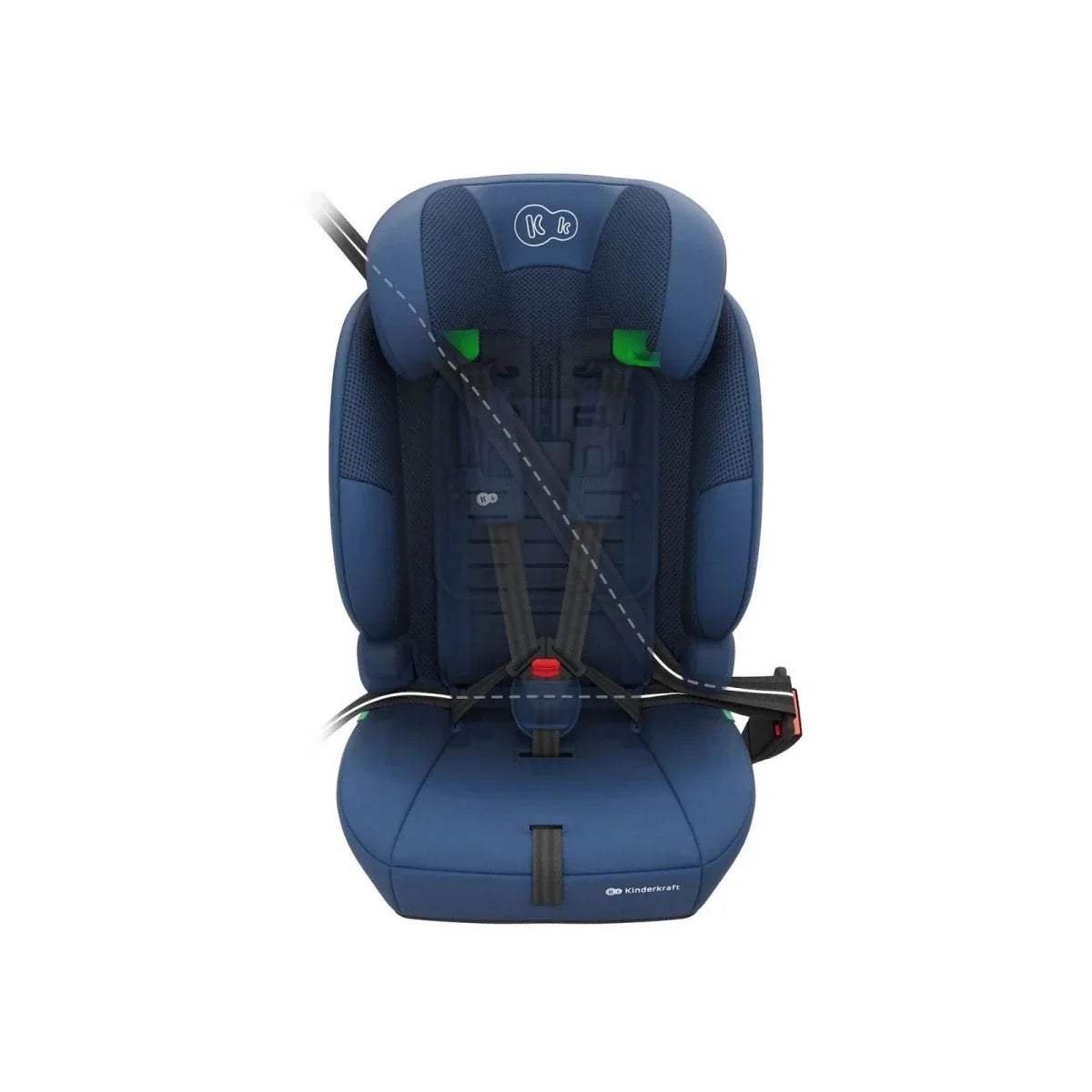 Navy car seat with visible harness webbing and shoulder guides