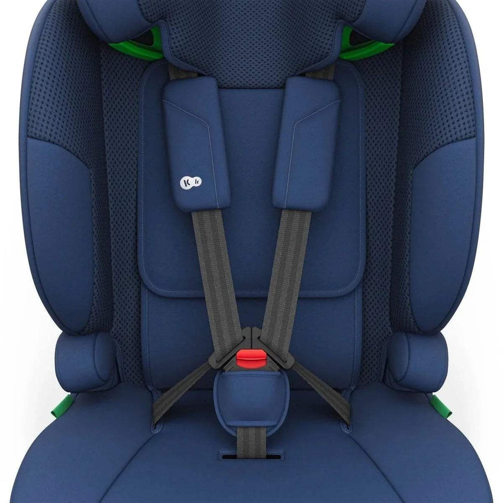 Navy car seat interior with padded shoulder protectors and five-point harness