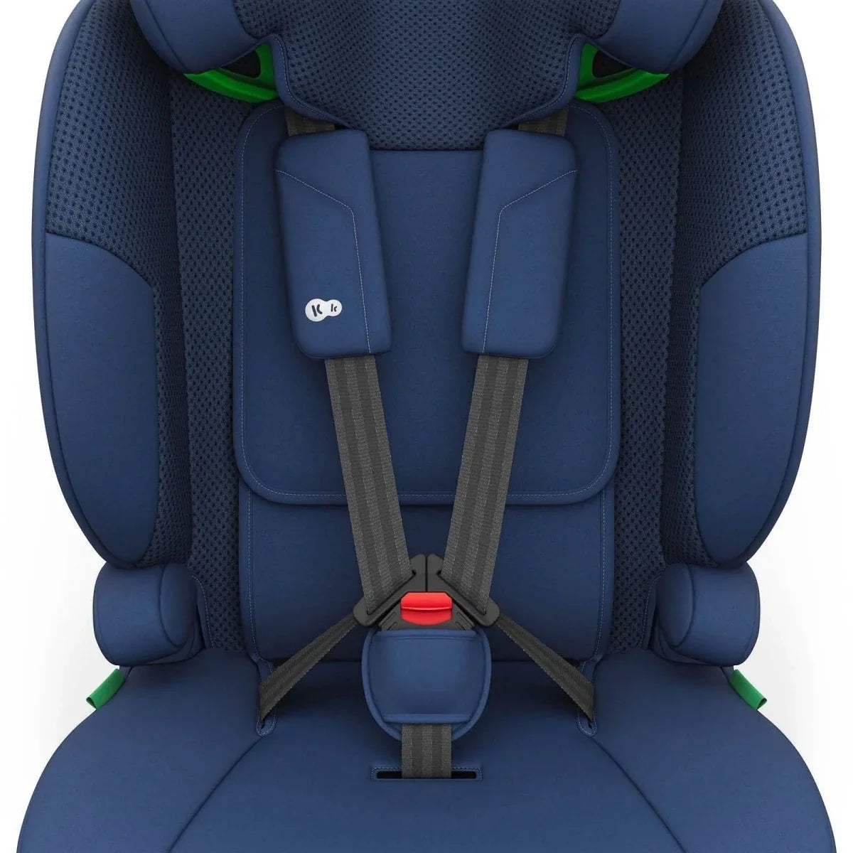 Navy car seat interior with padded shoulder protectors and five-point harness