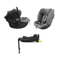Grey child car seat with padded headrest, harness straps, and adjustable recline
