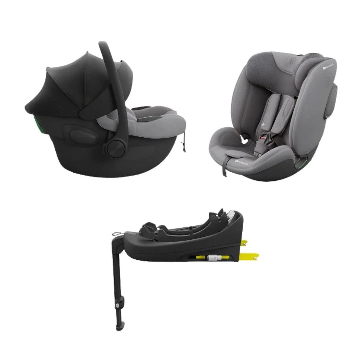 Grey child car seat with padded headrest, harness straps, and adjustable recline