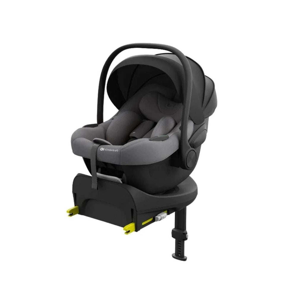 Grey child car seat with curved handle, side padding, and padded headrest