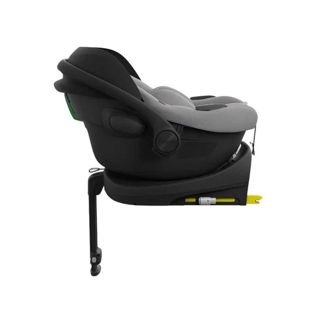 Grey child car seat with side impact cushions, harness, and adjustable base leg