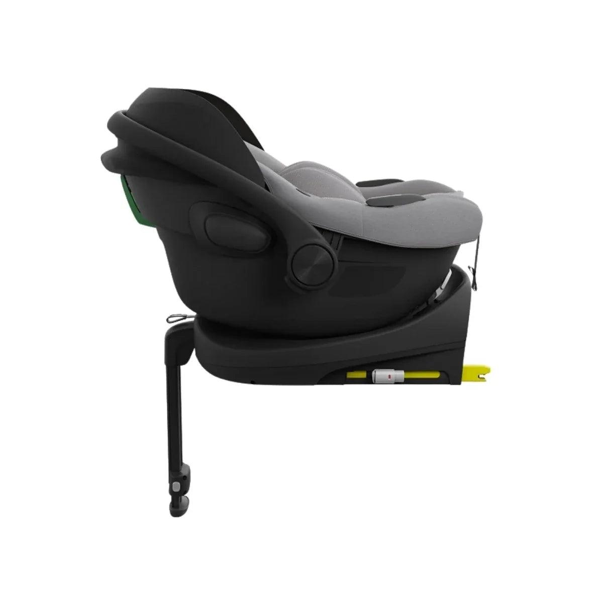 Grey child car seat with side impact cushions, harness, and adjustable base leg