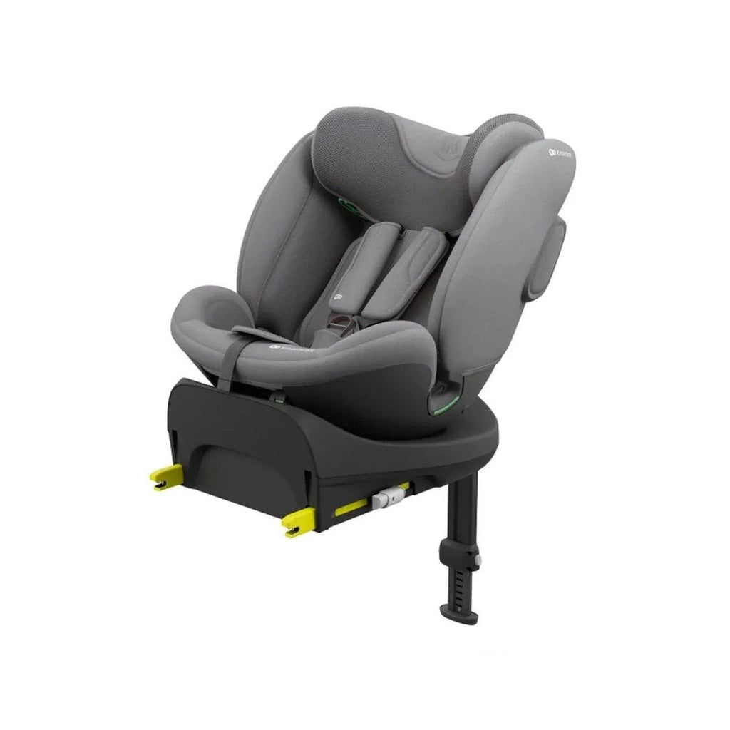 Grey child car seat with large side wings, padded headrest, and base adjustment