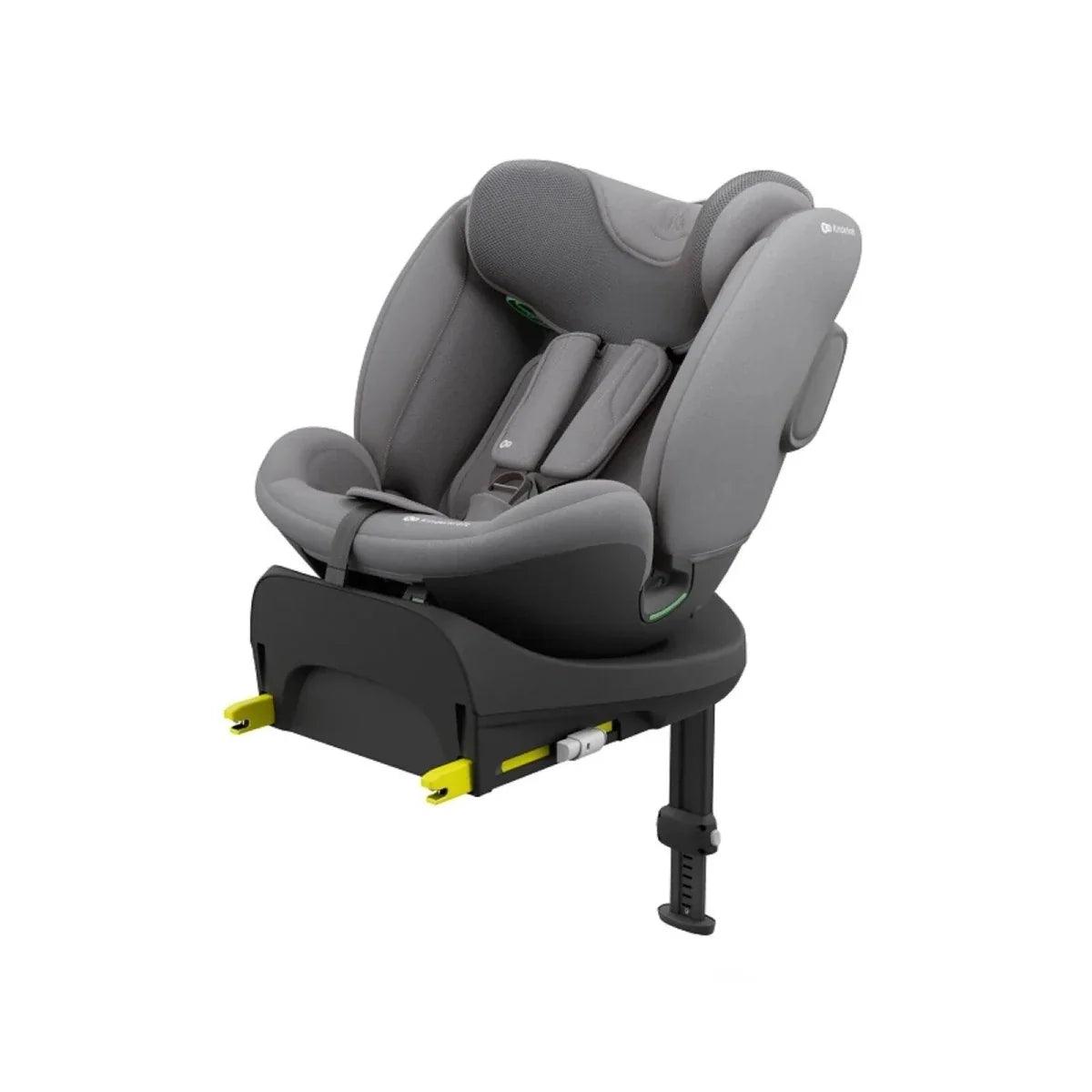 Grey child car seat with large side wings, padded headrest, and base adjustment