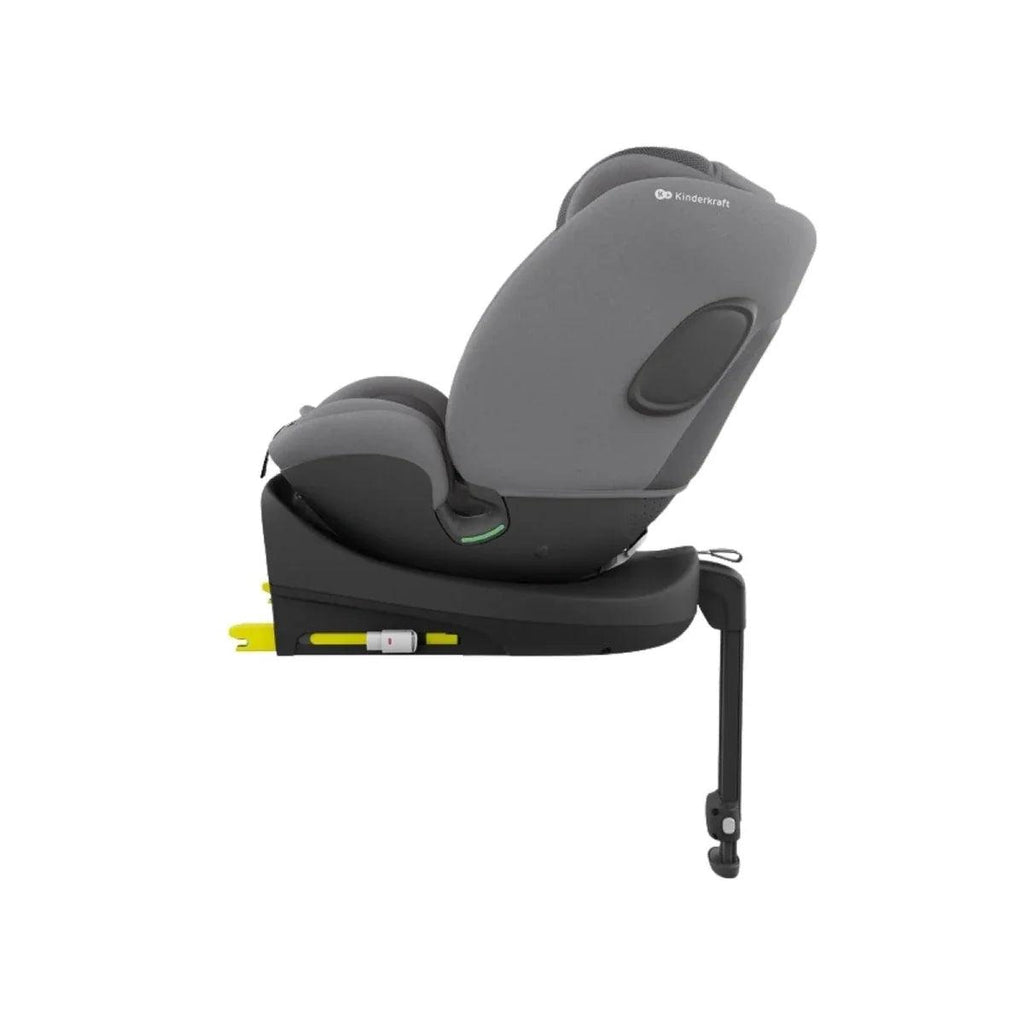 Grey child car seat with curved headrest, harness cover, and extended base