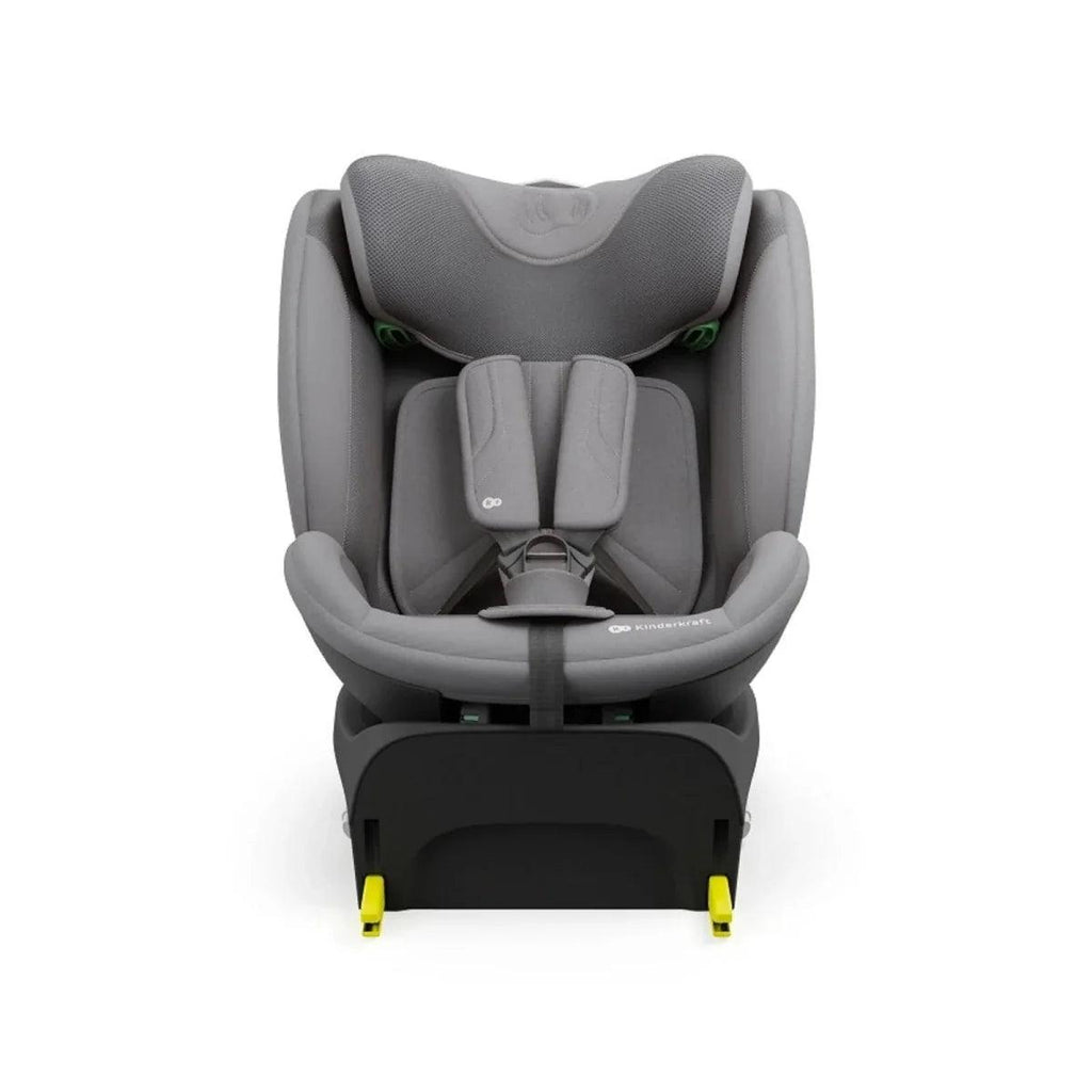 Grey child car seat front view with headrest, harness straps, and padded seat insert