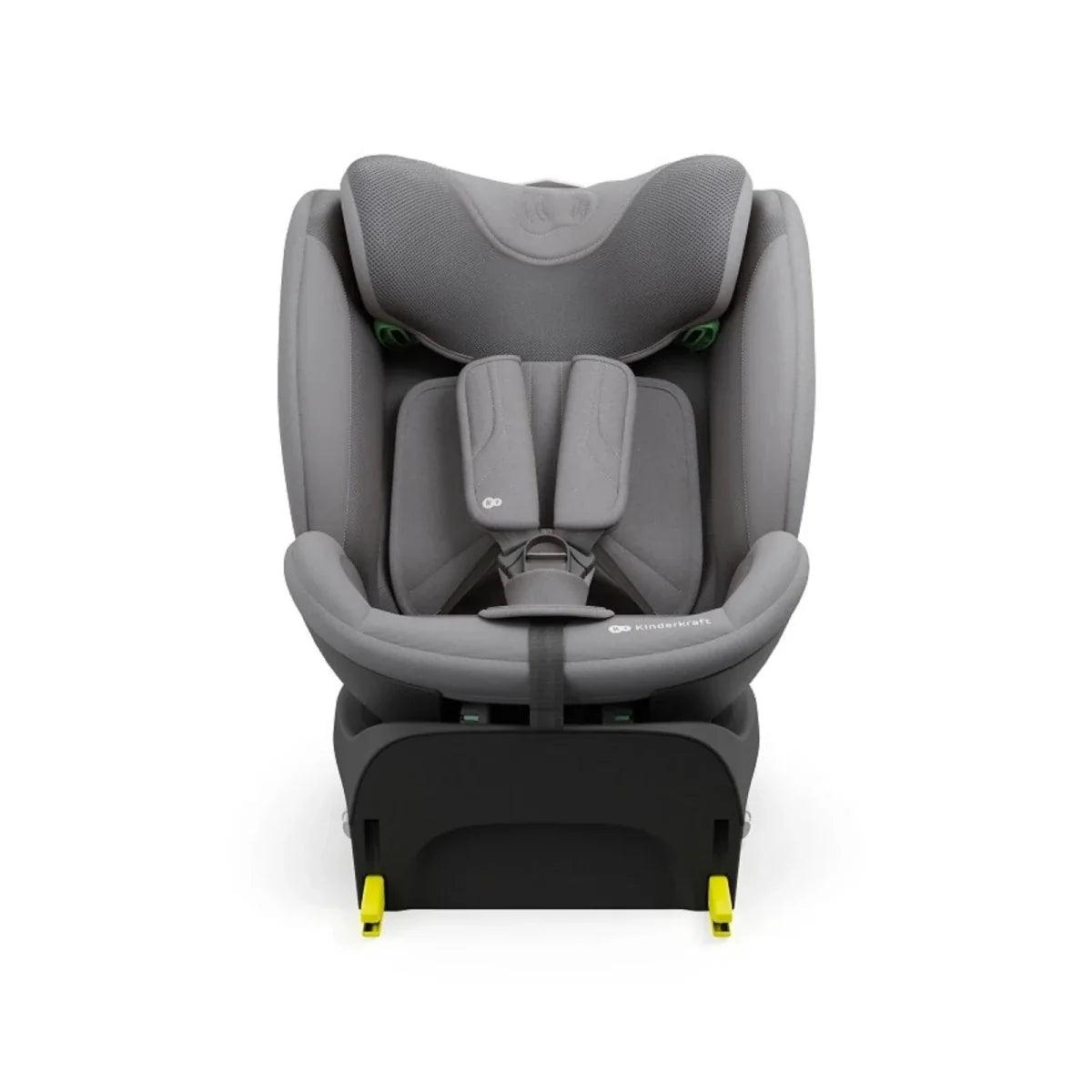 Grey child car seat front view with headrest, harness straps, and padded seat insert