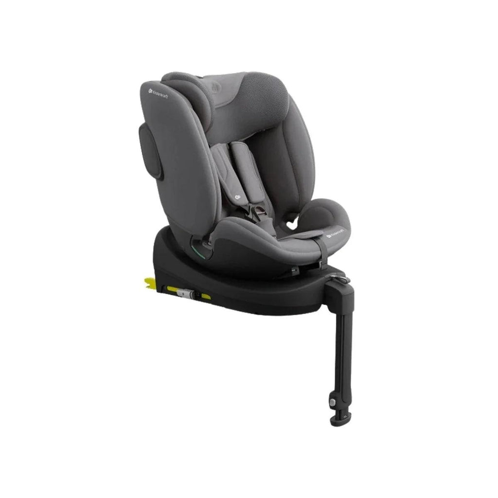 Grey car seat with adjustable headrest and side wings, modular base with support legs
