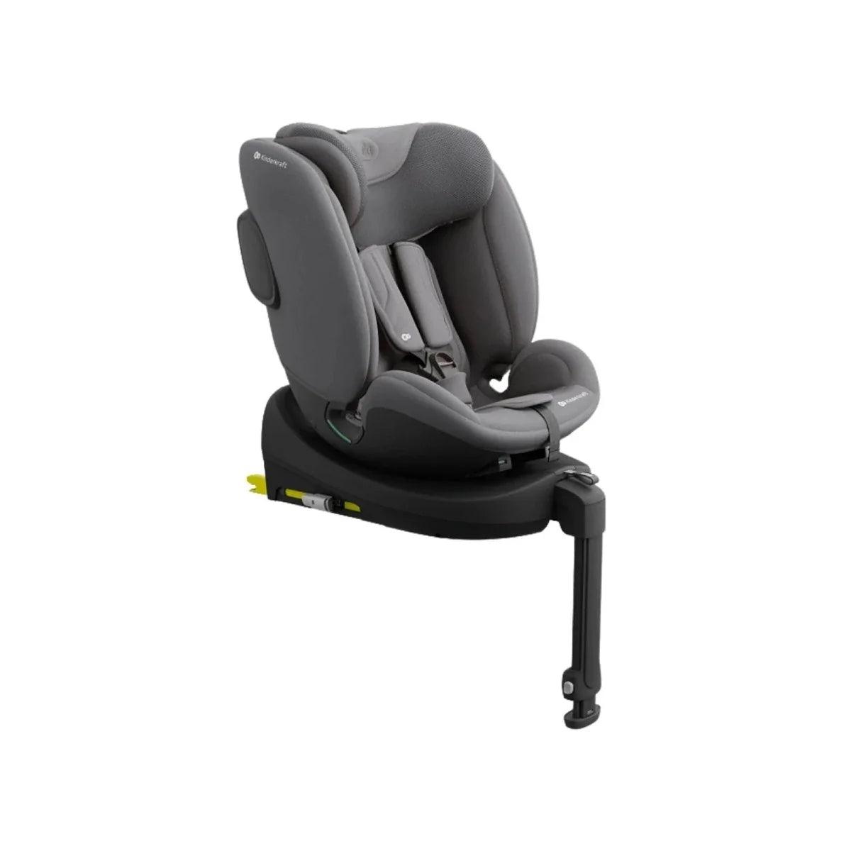 Grey car seat with adjustable headrest and side wings, modular base with support legs
