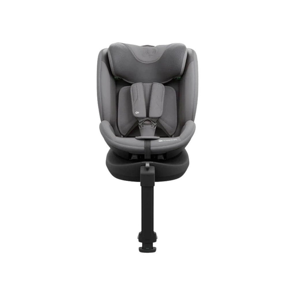 Grey front-facing car seat with five-point harness and padded infant insert on base