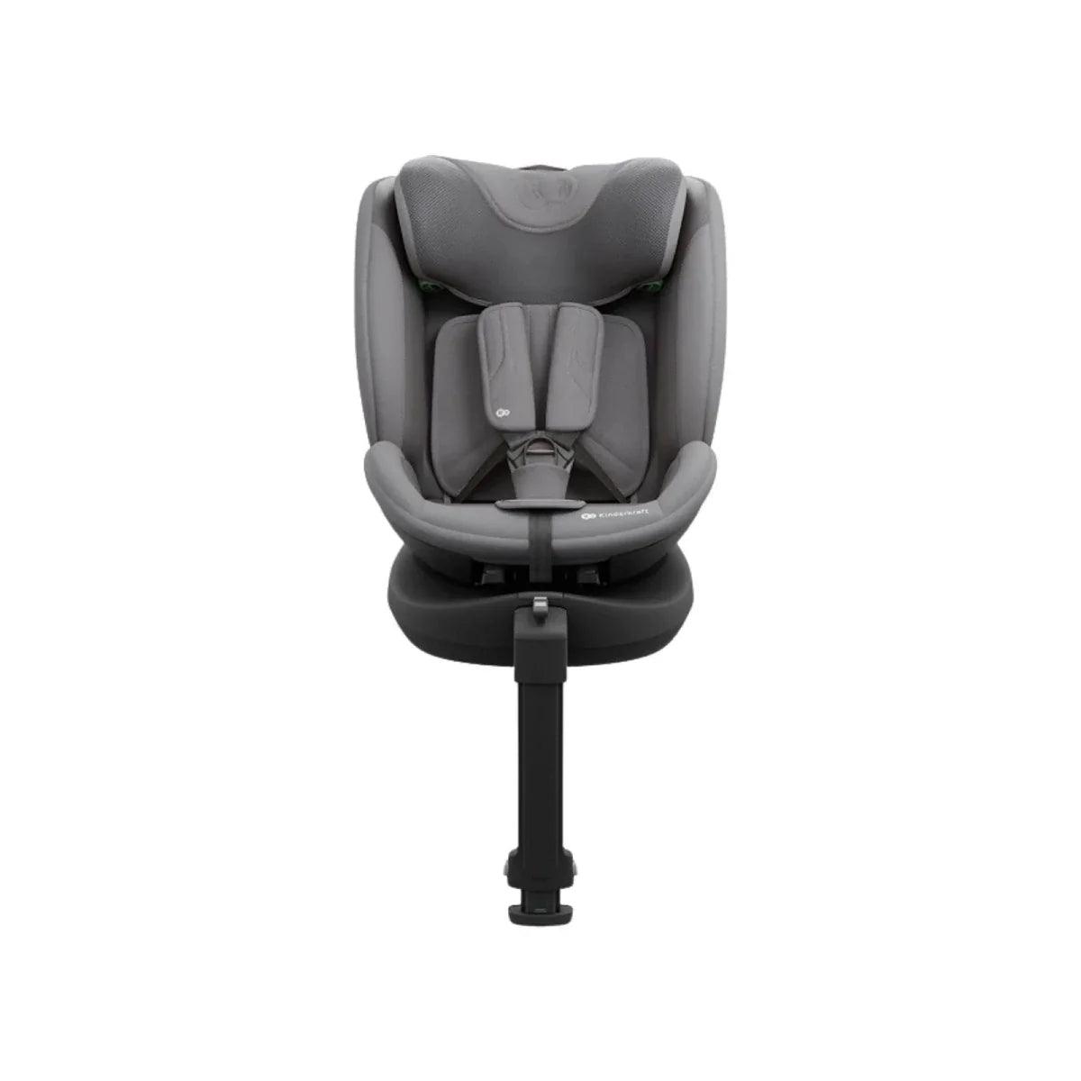 Grey front-facing car seat with five-point harness and padded infant insert on base