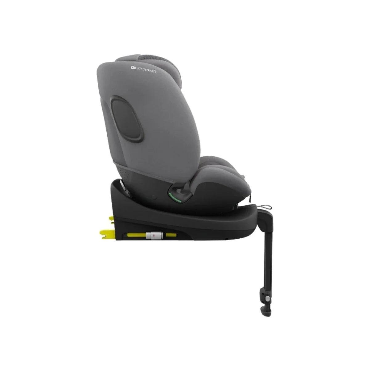 Grey car seat angled view with side impact protection wings and harness strap