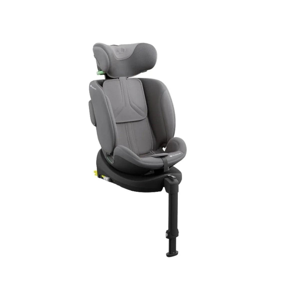 Grey rear-facing car seat with padded head support and integrated harness on base