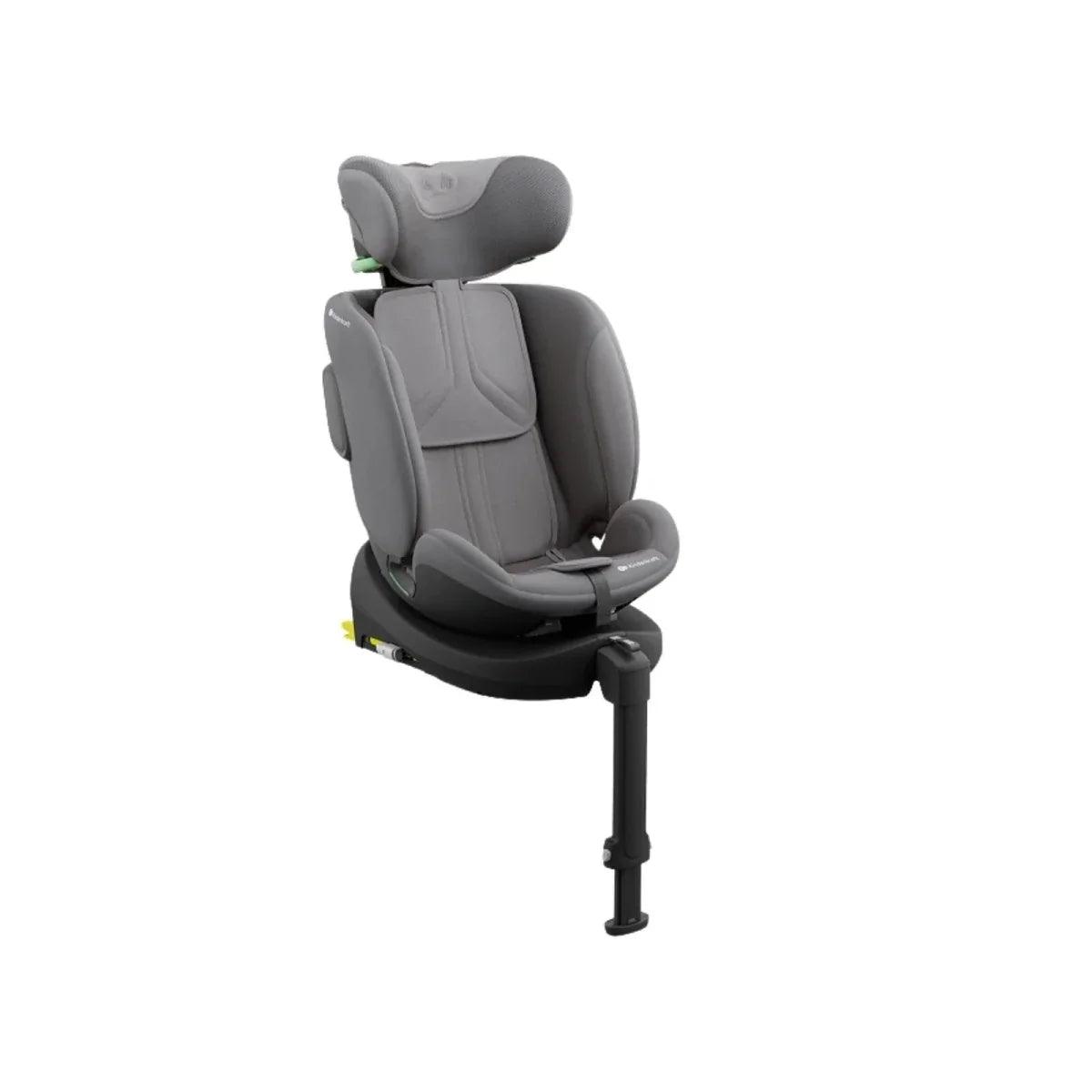 Grey rear-facing car seat with padded head support and integrated harness on base