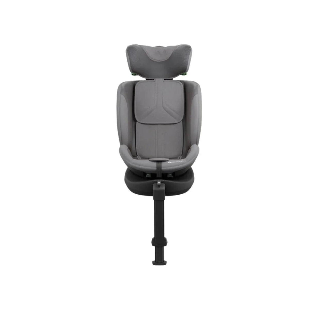 Grey car seat booster-style backrest with headrest and padded seat on base frame