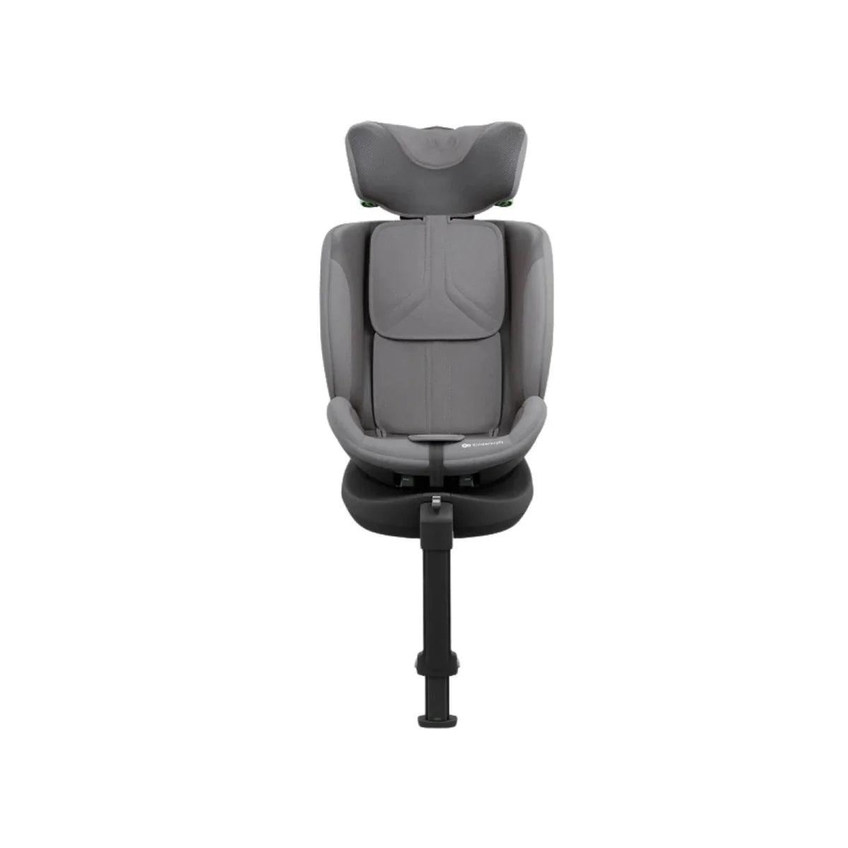 Grey car seat booster-style backrest with headrest and padded seat on base frame