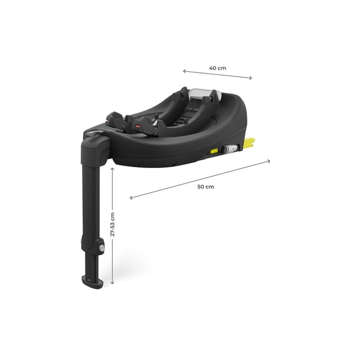 Grey car seat base with height and length measurement lines shown in diagram
