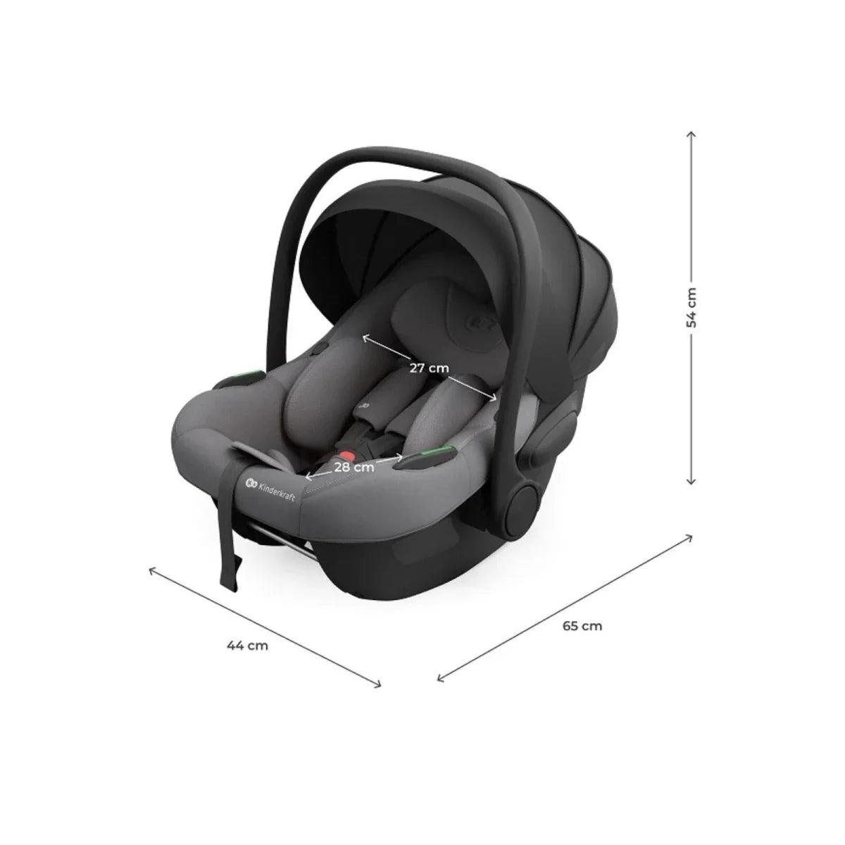 Grey infant carry seat with handle and harness, size measurement lines diagram