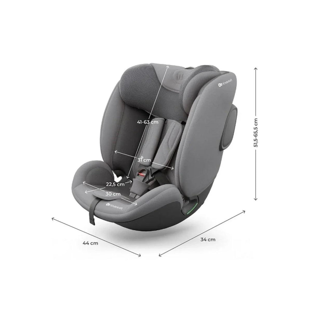 Grey car seat with harness, side view, and dimension lines diagram