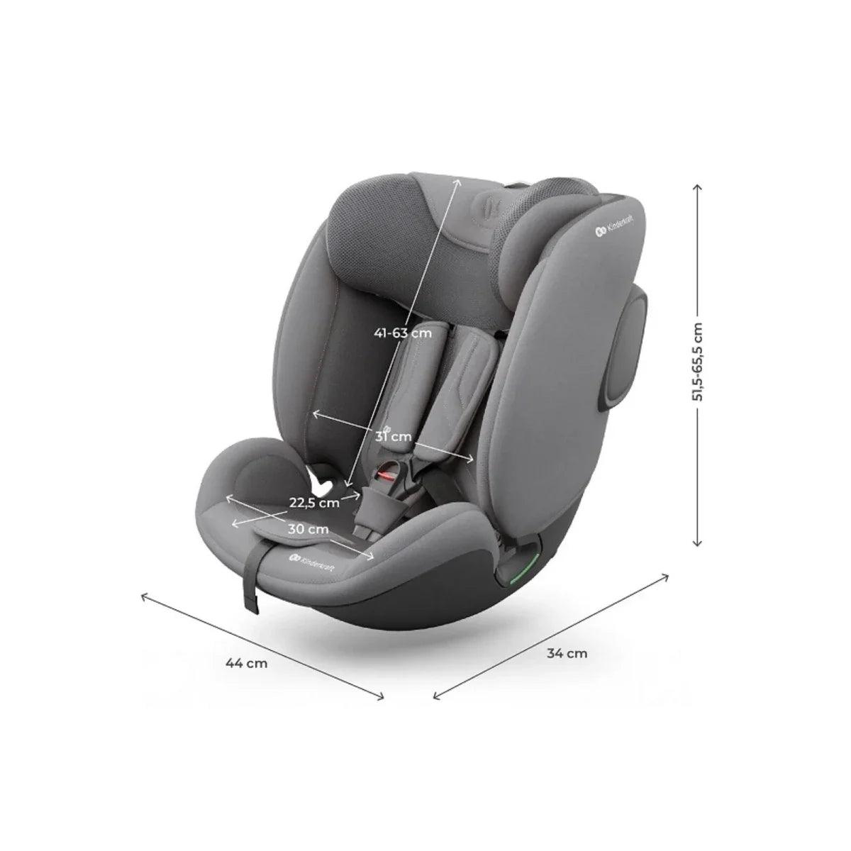 Grey car seat with harness, side view, and dimension lines diagram