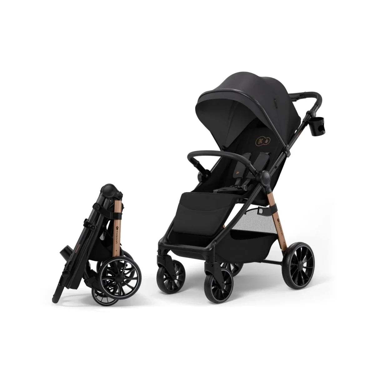 Midnight black stroller with reclining seat and canopy beside a compact folded stroller